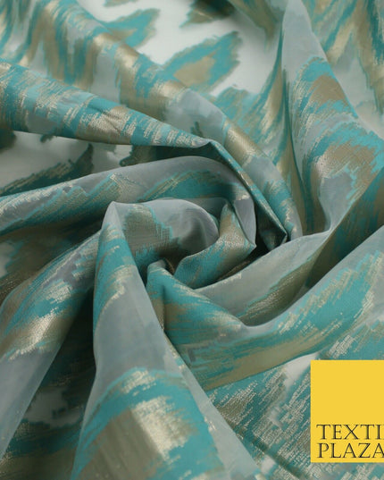 Sea Green Beige ZigZag Retro Metallic Abstract Textured Organza Fabric 9913