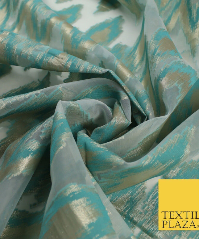 Sea Green Beige ZigZag Retro Metallic Abstract Textured Organza Fabric 9913