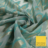 Sea Green Beige ZigZag Retro Metallic Abstract Textured Organza Fabric 9913