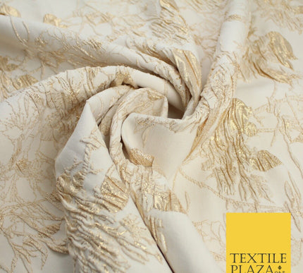 Light Gold Floral Outline Leafy Vine Metallic Textured Brocade Dress Fabric 9915