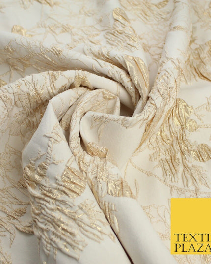 Light Gold Floral Outline Leafy Vine Metallic Textured Brocade Dress Fabric 9915