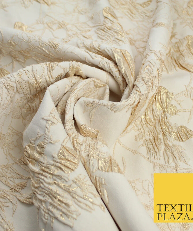 Light Gold Floral Outline Leafy Vine Metallic Textured Brocade Dress Fabric 9915