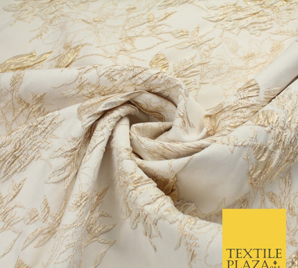 Light Gold Floral Outline Leafy Vine Metallic Textured Brocade Dress Fabric 9915