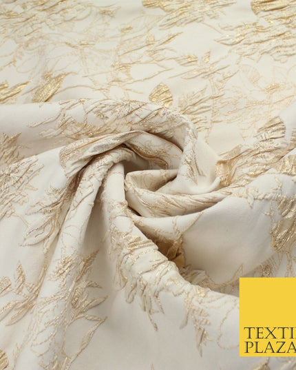 Light Gold Floral Outline Leafy Vine Metallic Textured Brocade Dress Fabric 9915