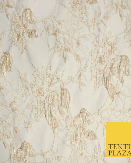 Light Gold Floral Outline Leafy Vine Metallic Textured Brocade Dress Fabric 9915