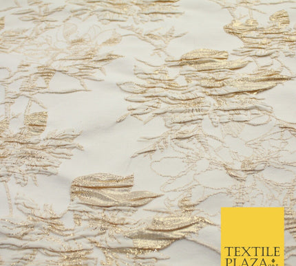 Light Gold Floral Outline Leafy Vine Metallic Textured Brocade Dress Fabric 9915