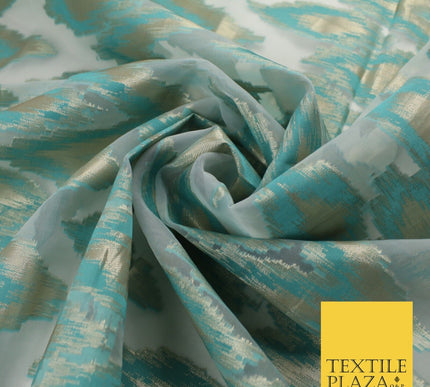 Sea Green Beige ZigZag Retro Metallic Abstract Textured Organza Fabric 9913