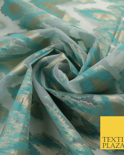 Sea Green Beige ZigZag Retro Metallic Abstract Textured Organza Fabric 9913