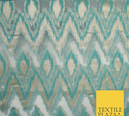Sea Green Beige ZigZag Retro Metallic Abstract Textured Organza Fabric 9913