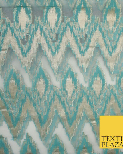 Sea Green Beige ZigZag Retro Metallic Abstract Textured Organza Fabric 9913