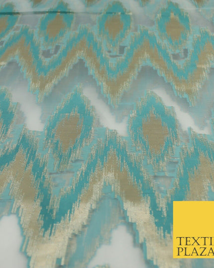 Sea Green Beige ZigZag Retro Metallic Abstract Textured Organza Fabric 9913