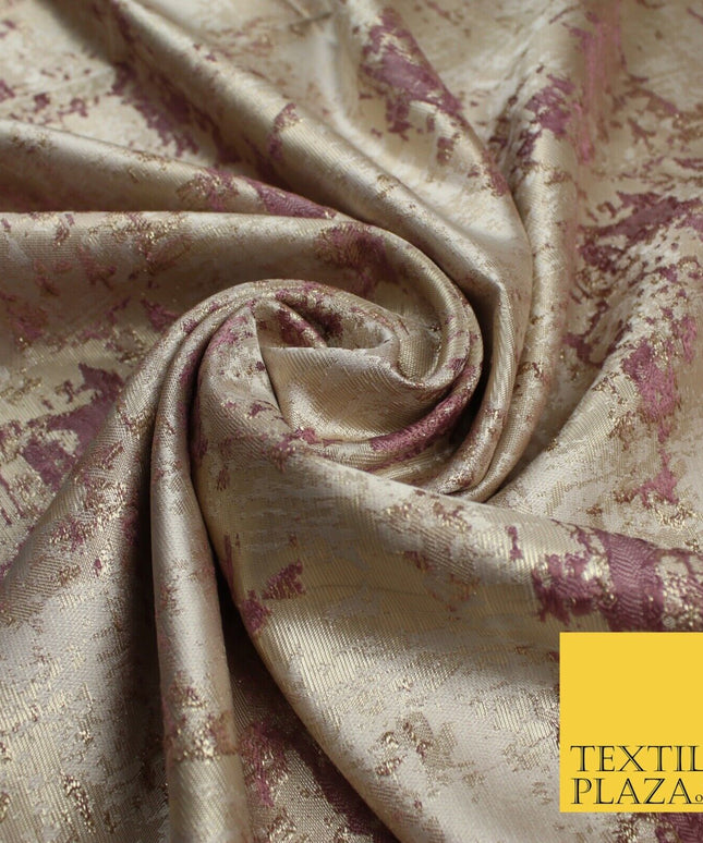 Mauve and Gold Leaf Effect Metallic Abstract Textured Brocade Fabric 9912