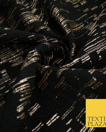 Black and Gold Barcode Stripes Retro Geometric Textured Brocade Fabric 9910