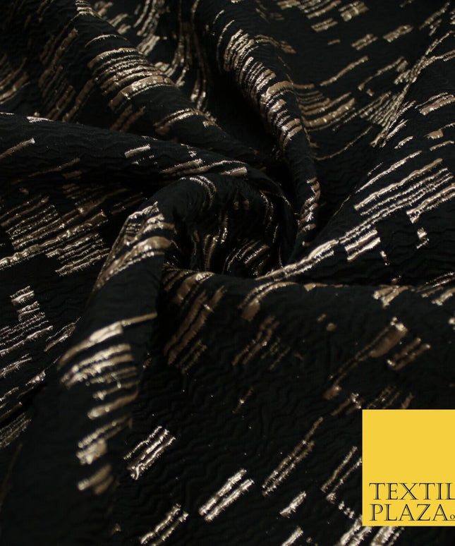 Black and Gold Barcode Stripes Retro Geometric Textured Brocade Fabric 9910