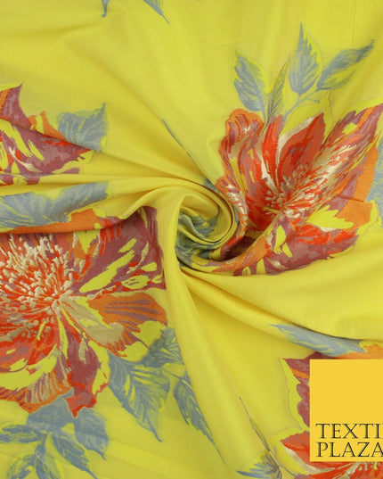 Yellow Large Multicolour Floral Blossom Bunches Textured Brocade Fabric 9909