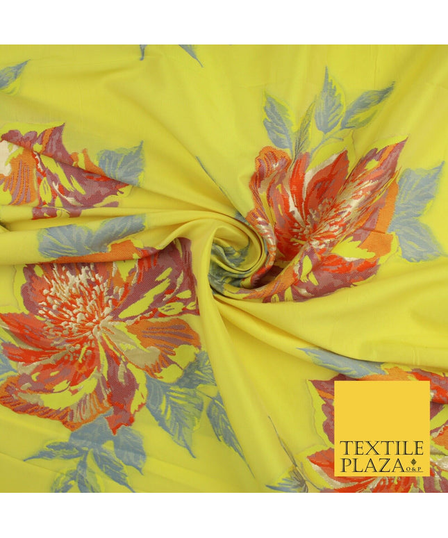 Yellow Large Multicolour Floral Blossom Bunches Textured Brocade Fabric 9909