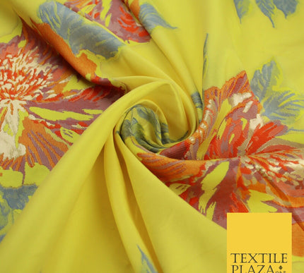 Yellow Large Multicolour Floral Blossom Bunches Textured Brocade Fabric 9909