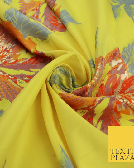 Yellow Large Multicolour Floral Blossom Bunches Textured Brocade Fabric 9909