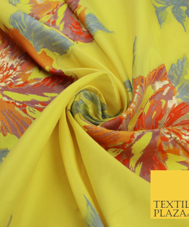 Yellow Large Multicolour Floral Blossom Bunches Textured Brocade Fabric 9909