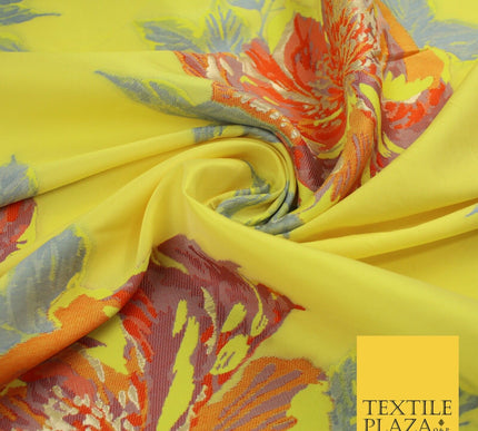 Yellow Large Multicolour Floral Blossom Bunches Textured Brocade Fabric 9909