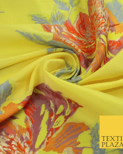 Yellow Large Multicolour Floral Blossom Bunches Textured Brocade Fabric 9909