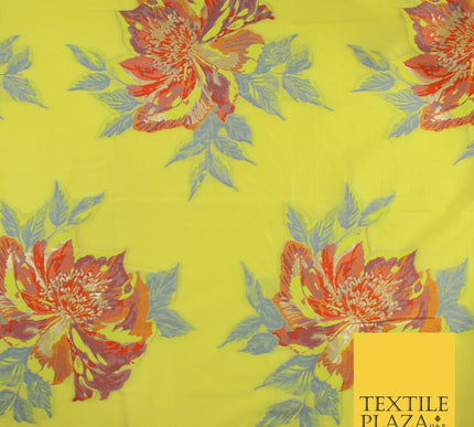 Yellow Large Multicolour Floral Blossom Bunches Textured Brocade Fabric 9909