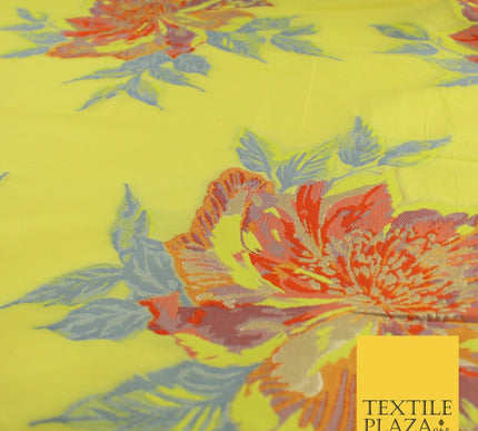 Yellow Large Multicolour Floral Blossom Bunches Textured Brocade Fabric 9909