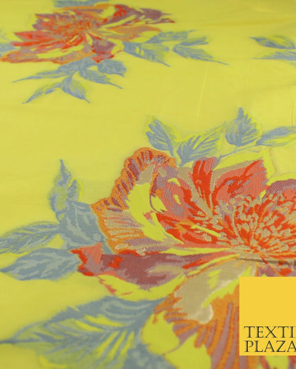 Yellow Large Multicolour Floral Blossom Bunches Textured Brocade Fabric 9909