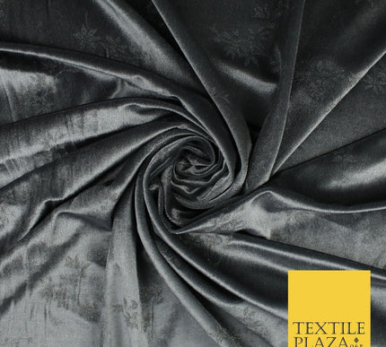 DARK GREY Soft Floral Self Printed Velvet Velour Dress Fabric Stretch 9950