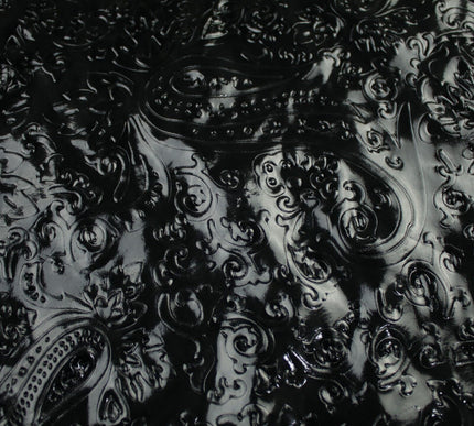 Black Embossed Ornate Paisley Wet Look Shiny 4 Way Stretch Jersey Fabric 10009
