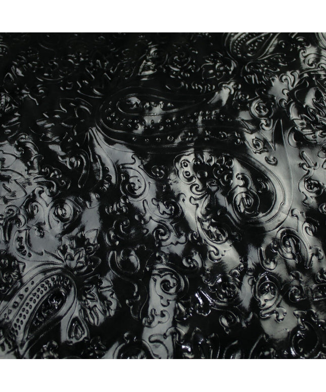 Black Embossed Ornate Paisley Wet Look Shiny 4 Way Stretch Jersey Fabric 10009
