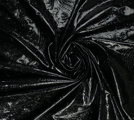 Black Embossed Ornate Paisley Wet Look Shiny 4 Way Stretch Jersey Fabric 10009