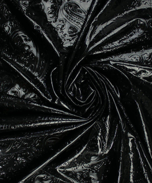 Black Embossed Ornate Paisley Wet Look Shiny 4 Way Stretch Jersey Fabric 10009