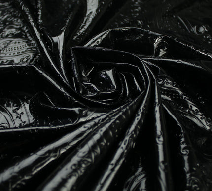 Black Embossed Ornate Paisley Wet Look Shiny 4 Way Stretch Jersey Fabric 10009