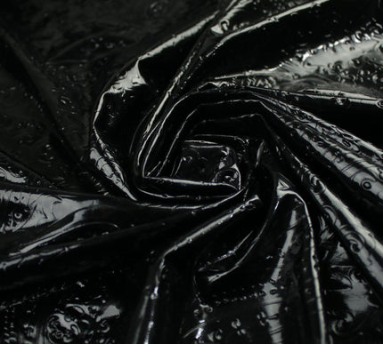 Black Embossed Ornate Paisley Wet Look Shiny 4 Way Stretch Jersey Fabric 10009