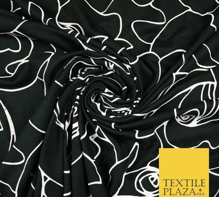 Black with White Abstract Rose Print Soft Stretch Jersey Fabric 56"6666