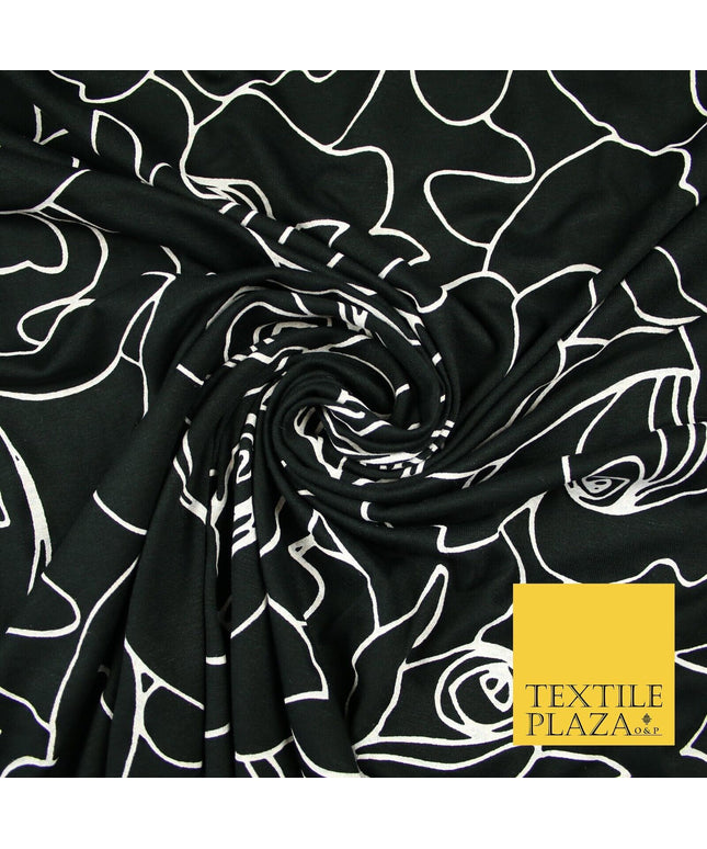 Black with White Abstract Rose Print Soft Stretch Jersey Fabric 56"6666