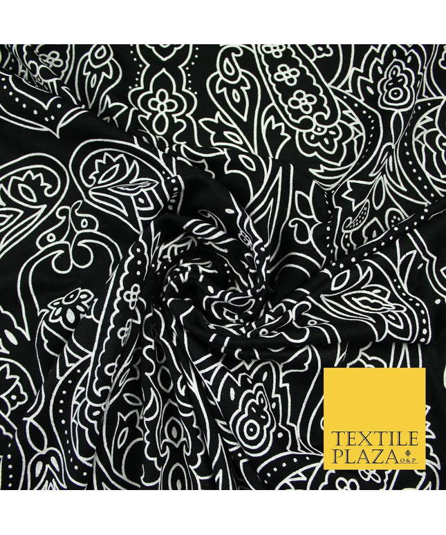 Black with White Intricate Paisley Print Soft Stretch Jersey Fabric 56"6665