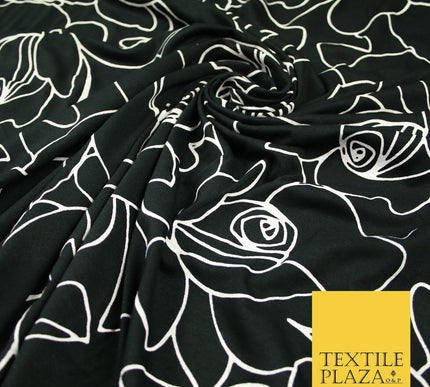 Black with White Abstract Rose Print Soft Stretch Jersey Fabric 56"6666