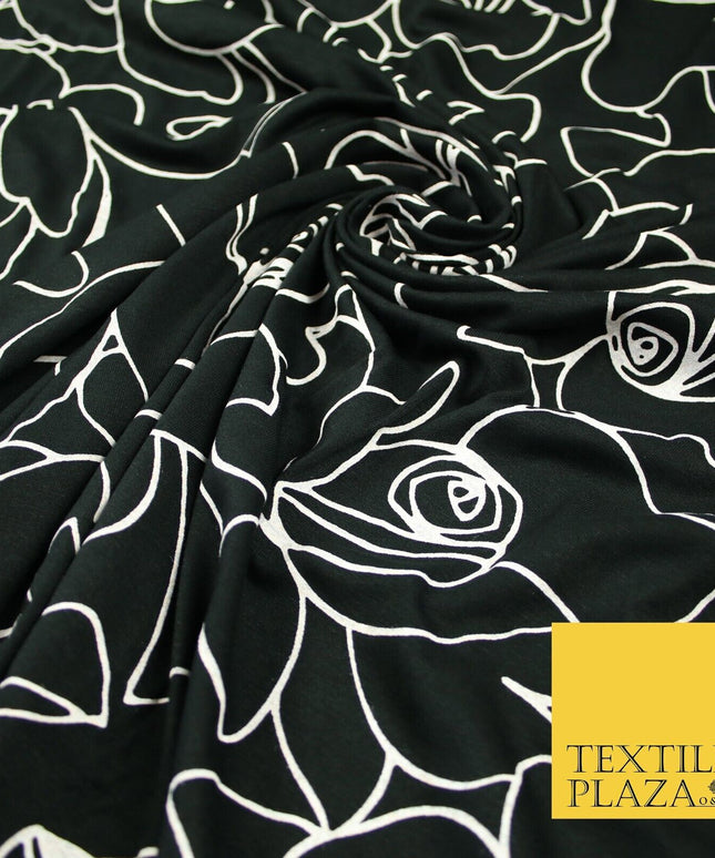Black with White Abstract Rose Print Soft Stretch Jersey Fabric 56"6666