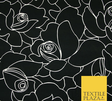 Black with White Abstract Rose Print Soft Stretch Jersey Fabric 56"6666