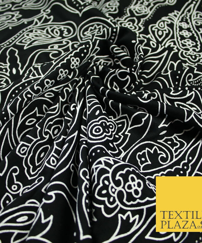 Black with White Intricate Paisley Print Soft Stretch Jersey Fabric 56"6665