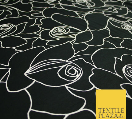 Black with White Abstract Rose Print Soft Stretch Jersey Fabric 56"6666