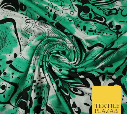 Green Tie-Dye with Black Abstract Print Soft Touch Stretch Jersey Fabric 56"6658