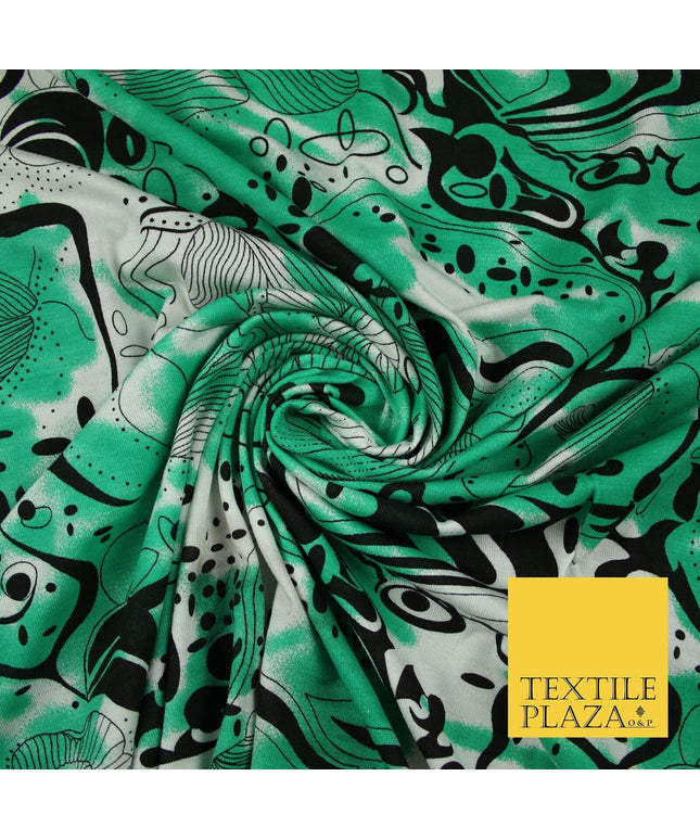 Green Tie-Dye with Black Abstract Print Soft Touch Stretch Jersey Fabric 56"6658