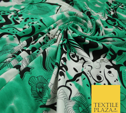 Green Tie-Dye with Black Abstract Print Soft Touch Stretch Jersey Fabric 56"6658