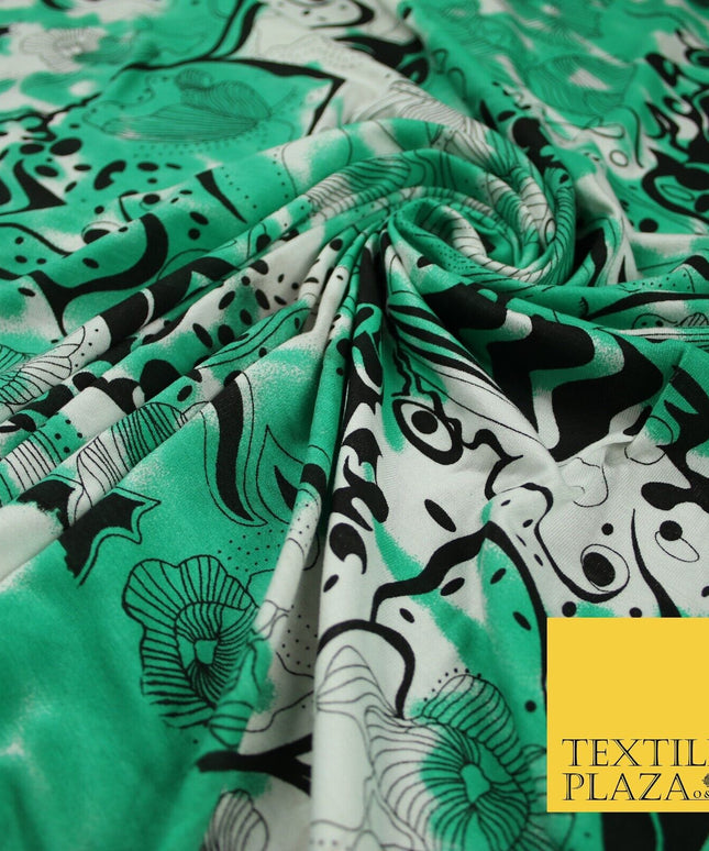 Green Tie-Dye with Black Abstract Print Soft Touch Stretch Jersey Fabric 56"6658