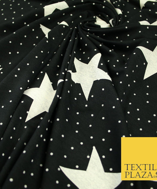 Black with White Stars Small Dots Print Soft Touch Stretch Jersey Fabric 56"6664