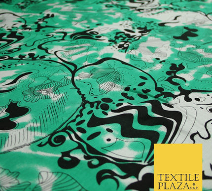 Green Tie-Dye with Black Abstract Print Soft Touch Stretch Jersey Fabric 56"6658