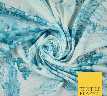 Light Blue with Off White Oriental Landscape Print Stretch Jersey Fabric 56"6651
